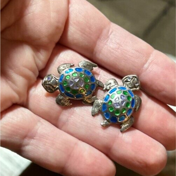 Vintage Sterling Silver 925 Enamel Turtle Stud Earrings - Picture 9 of 16